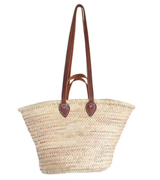 Handmade Straw French Market Bag | Natural Basket Flat Leather Handle ...